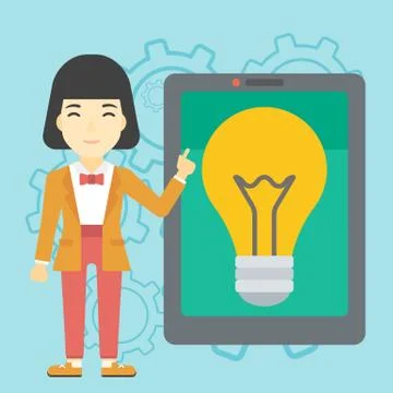 Woman pointing at big tablet computer イラスト素材