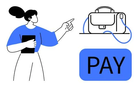 Woman pointing at briefcase with Pay button, representing payment or transa.. Stock Illustration