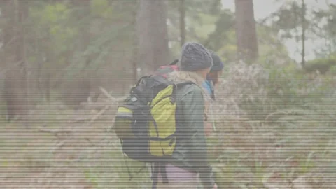 Woman pointing, causing animated arrow, hikers turning and walking uphill with Stock Footage 334203563