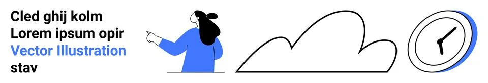 Woman pointing at cloud while clock is on the right side イラスト素材