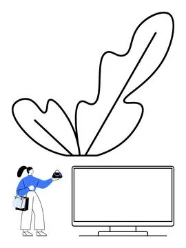 Woman pointing at computer screen with giant leaf background environmental .. Stock Illustration