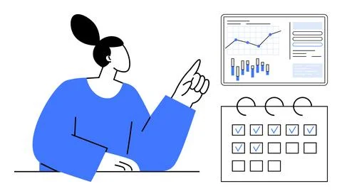Woman pointing at a data analysis screen with graphs and charts, alongside a  Stock Illustration