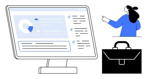 Woman Pointing at Data on Computer Screen with Briefcase for Professional P.. Illustrazione stock