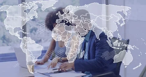 Woman pointing at document, causing map and hex overlay fading in while man Stock Footage 330190956