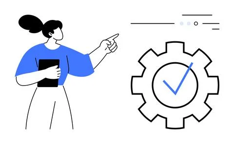 Woman pointing at elements on an interface while holding a tablet, next to a  스톡 일러스트