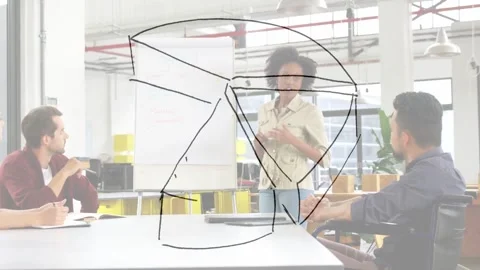 Woman pointing at flipchart causing drawn 3D pie chart forming over table Stock Footage 331236028