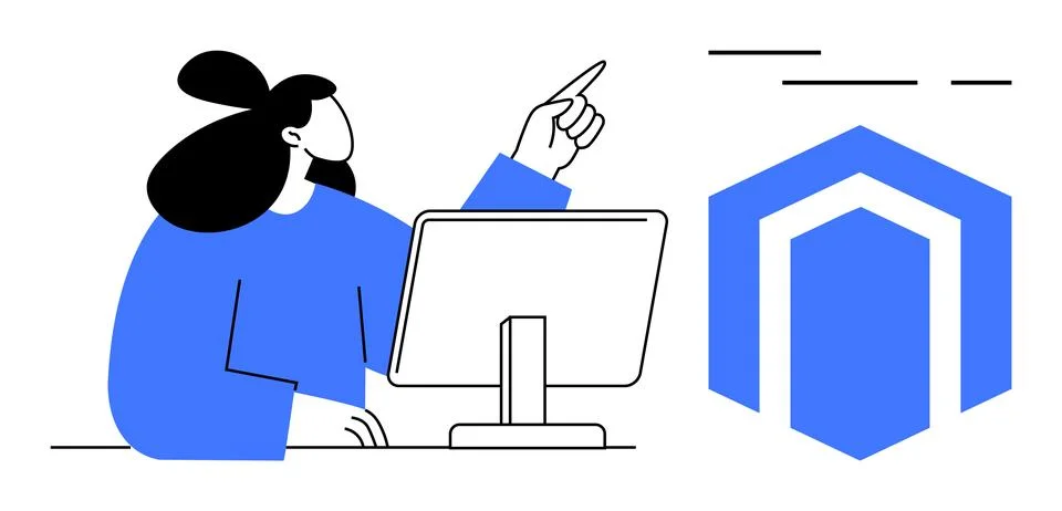 Woman pointing at graphical elements on screen next to a blue geometric shape Illustrazione stock