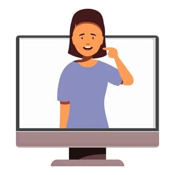Woman pointing at herself on computer screen during video call Stock Illustration