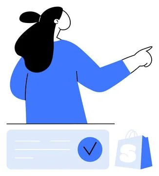 Woman pointing at an interface with a checkmark and shopping bag, represent.. Ilustração Stock