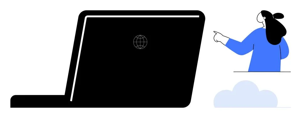 Woman Pointing at Laptop for Cloud Computing Education and Technology 스톡 일러스트
