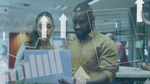 Woman pointing at laptop while man scrolling, starting tech charts growing Stock Footage 334728814