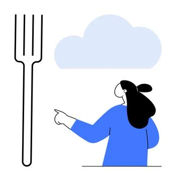 Woman Pointing at Large Fork Below Cloud Symbolizing Food Choices and Mindf.. Stock Illustration