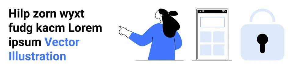 Woman Pointing at Mobile Interface with Data and Lock Symbol Depicting Securi Stock Illustration