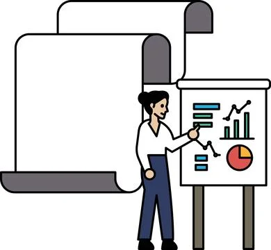 A woman is pointing at a presentation board with graphs and numbers Stock Illustration