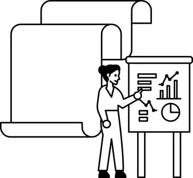 A woman is pointing at a presentation board with graphs and numbers Stock Illustration