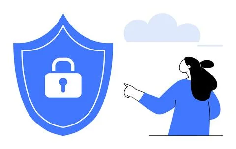 Woman Pointing to Security Shield with Lock Icon under Cloudy Sky Stock Illustration
