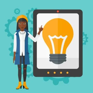 Woman pointing at tablet computer with light bulb on screen Illustrazione stock