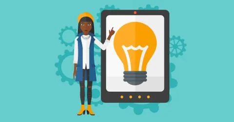 Woman pointing at tablet computer with light bulb on screen Illustrazione stock