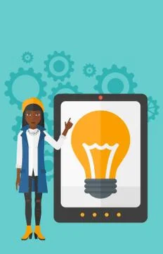 Woman pointing at tablet computer with light bulb on screen Illustrazione stock