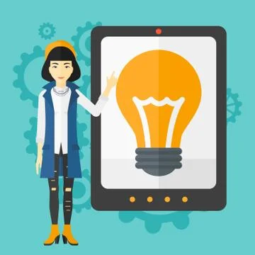 Woman pointing at tablet computer with light bulb on screen Illustrazione stock