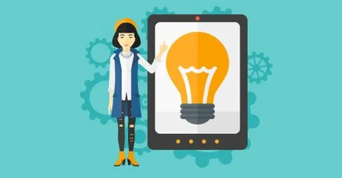 Woman pointing at tablet computer with light bulb on screen Illustrazione stock