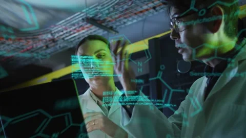 Woman pointing teal code and man gesturing, analyzing hologram overlaying faces Stock Footage 332577680