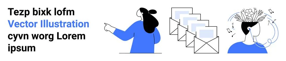 Woman pointing at text, stack of emails, person with music and ideas emerging Stock Illustration