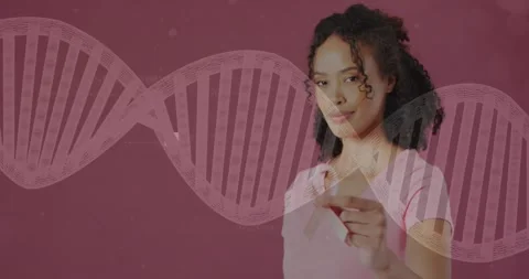Woman pointing white pointer at camera, tapping and activating DNA helix, Stock Footage 329931875