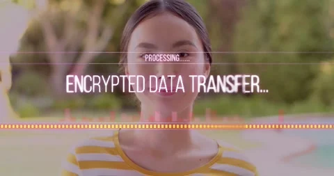 Woman poolside, processing prompt sliding over midline, confirming encrypted Stock Footage 322702195