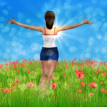 Woman in poppy field Illustrazione stock