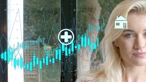 Woman posing by glass doors data starting animating chart and icons passing face Stock Footage 333425893