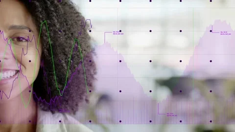 Woman posing left office on play starting grid and purple green traces covering Stock Footage 333494284