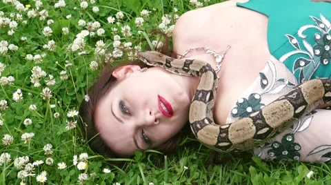 Woman posing with a snake around her neck Video stock 64642753