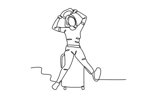 A woman is posing while sitting on a suitcase Stock Illustration