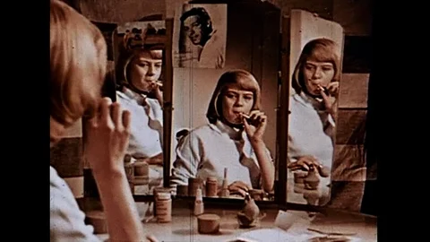 Woman Posing While Smoking Cigarette Infront Of Mirror Stock Footage 94149335