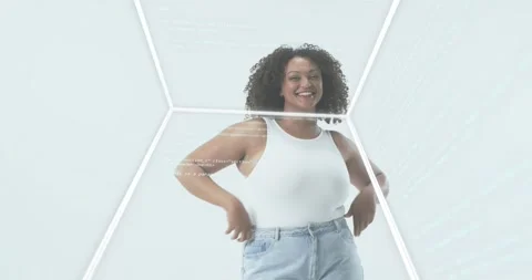 Woman posing in white cube while rotating wireframe projecting code on torso, Stock Footage 322703915