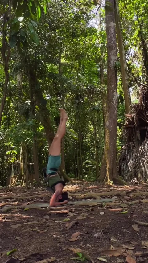 Woman Practices Yoga While a Monkey Clings to Her, Pastaza, Ecuador - 18 Nov 202 Stock Footage 306618261