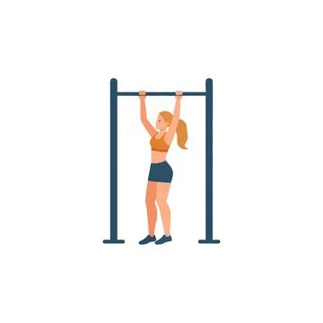 Woman practicing pull-ups to increase body strength at the gym for fitness .. イラスト素材
