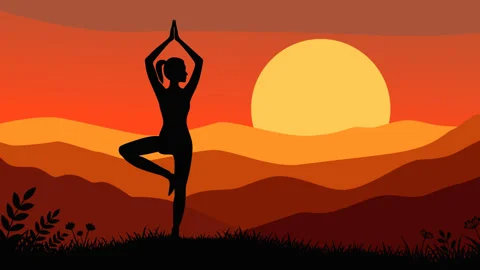 Woman Practicing Tree Pose Yoga at Sunset Mountain Landscape Background Видео 335684264