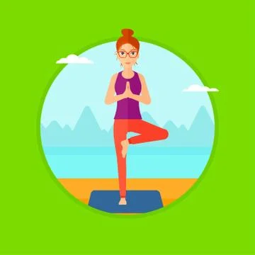 Woman practicing yoga tree pose on the beach. Stock Illustration