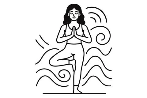 Woman practicing yoga tree pose with calming wavy lines background Stock Illustration