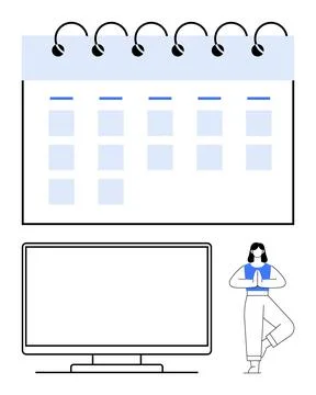 Woman Practicing Yoga While Maintaining Schedule and Using Desktop Computer Stock Illustration