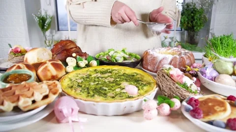 Woman prepare festive dinner, Easter brunch Stock Footage 167218617
