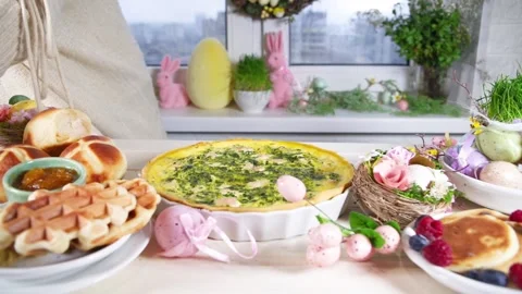 Woman prepare festive dinner, Easter brunch Stock Footage 167218643