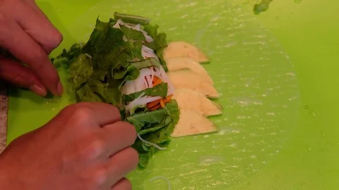 Woman Preparing Avocado Spring Roll Carrots Wrap Asian Cuisine Thai Food Korean  Stock Footage 79244208