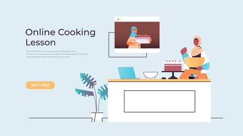 Woman preparing cake while watching video tutorial with arabic chef in web Stock Illustration