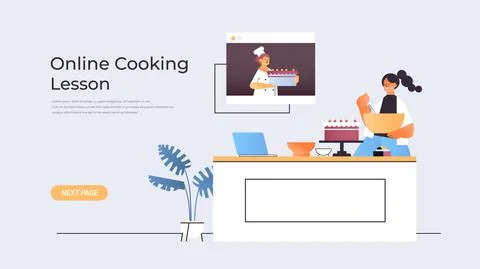 Woman preparing cake while watching video tutorial with chef in web browser Stock Illustration