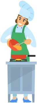 Woman preparing dish, adding ingredient to meal. Chef stands with bowl and Illustrazione stock