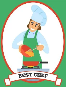 Woman preparing dish, adding ingredient to meal. Chef stands with bowl and Illustrazione stock