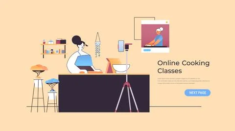 Woman preparing dish while watching video tutorial with chef in web browser イラスト素材